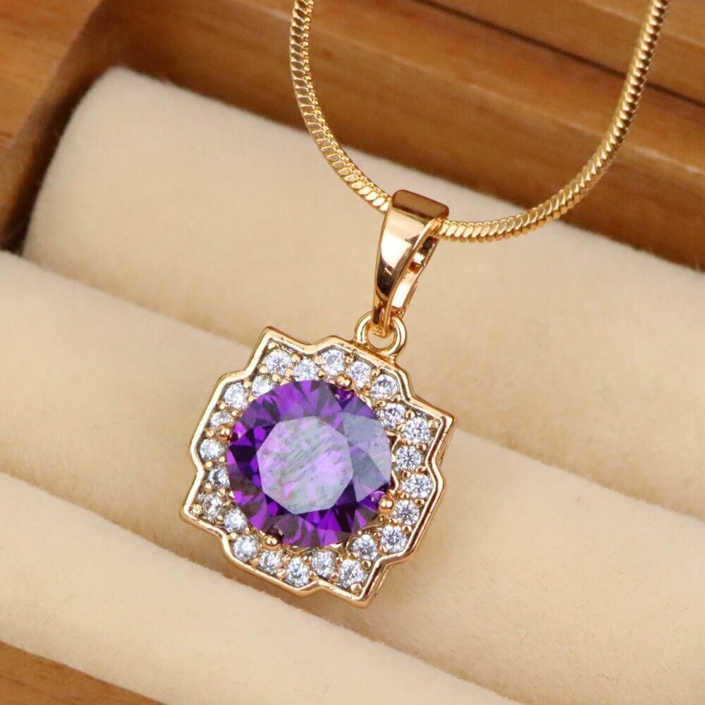 "Purple Round Pendant in Rose Gold with Halo Detailing, XPPT1637